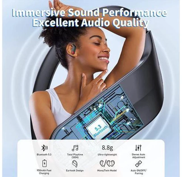 Alt view image 2 of 7 - True Wireless Earbuds, Bluetooth Headphones Stereo Sound Ear Buds with HD Microphone 120H Playtime with Dual LED Charging Case, IPX7 Waterproof Over Ear Earphones with Earhooks for Sport/Work/Phone
