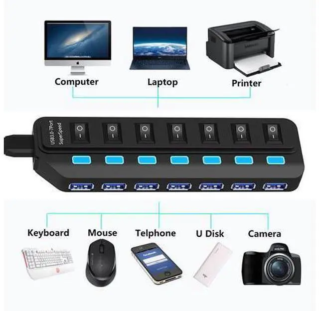 Alt view image 6 of 7 - 7 Ports USB 3.0 HUB USB Splitter With Power Adapter For Desktop Pc Laptop Computer Accessories USB 3 Hab