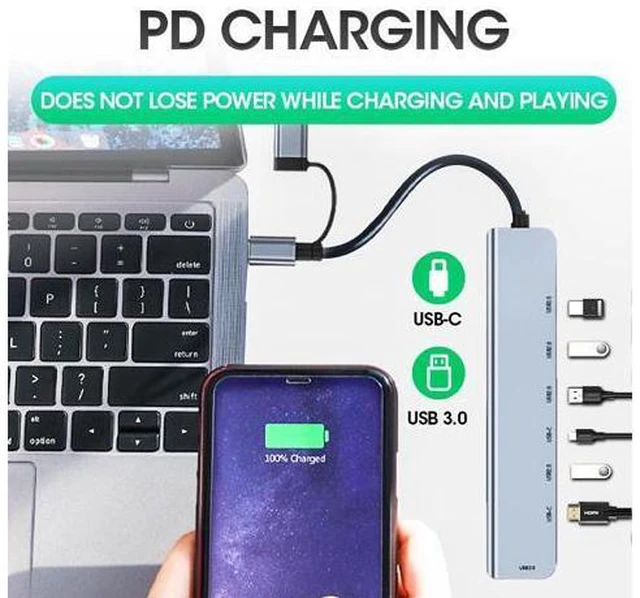 Alt view image 3 of 7 - USB C Hub, 7 in 1 USB-C USB 3.0 Multiport Adapter with 1x USB 3.0, 4x USB 2.0 Ports, 1x USB C, 1x Type C Power Port, Type-C USB 3.0 Hub for Computers Mobile Phones and More