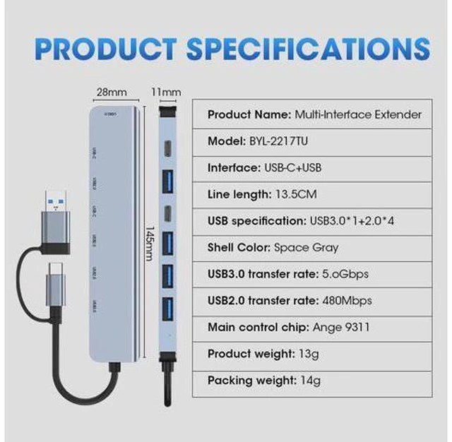 Alt view image 7 of 7 - USB C Hub, 7 in 1 USB-C USB 3.0 Multiport Adapter with 1x USB 3.0, 4x USB 2.0 Ports, 1x USB C, 1x Type C Power Port, Type-C USB 3.0 Hub for Computers Mobile Phones and More