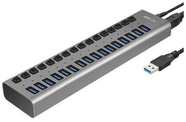 Main image of ACASIS USB 3.0 Hub Super Speed Splitter,16 Ports USB Data Hub with Power Adapter,Individual On/Off Switches and Lights for Laptop, PC, Computer, Mobile HDD, Flash Dr Each Port can Charge Grey
