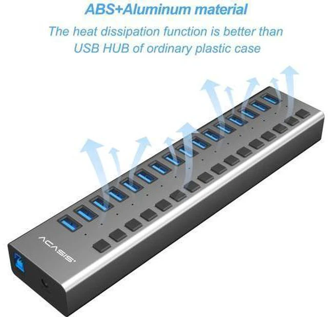 Alt view image 5 of 7 - ACASIS USB 3.0 Hub Super Speed Splitter,16 Ports USB Data Hub with Power Adapter,Individual On/Off Switches and Lights for Laptop, PC, Computer, Mobile HDD, Flash Dr Each Port can Charge Grey
