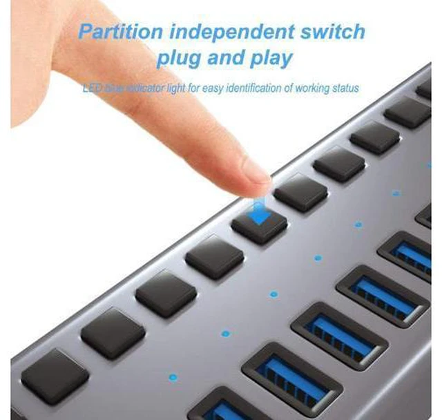 Alt view image 6 of 7 - ACASIS USB 3.0 Hub Super Speed Splitter,16 Ports USB Data Hub with Power Adapter,Individual On/Off Switches and Lights for Laptop, PC, Computer, Mobile HDD, Flash Dr Each Port can Charge Grey