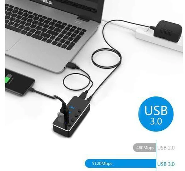 Alt view image 2 of 7 - Powered USB Hub, 4 Port USB 3.0 Hub Splitter, Portable Aluminum USB Data Hub Expander with Individual On/Off Switch and Universal 5V AC Power Adapter, 3.3ft USB 3.0 Cable (Black