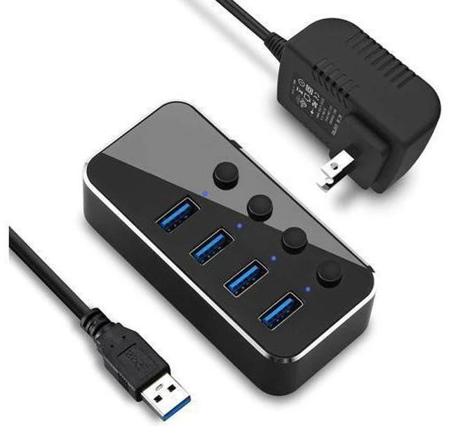 Main image of Powered USB Hub, 4 Port USB 3.0 Hub Splitter, Portable Aluminum USB Data Hub Expander with Individual On/Off Switch and Universal 5V AC Power Adapter, 3.3ft USB 3.0 Cable (Black