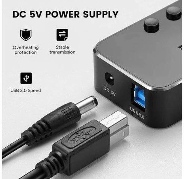 Alt view image 3 of 7 - Powered USB Hub, 4 Port USB 3.0 Hub Splitter, Portable Aluminum USB Data Hub Expander with Individual On/Off Switch and Universal 5V AC Power Adapter, 3.3ft USB 3.0 Cable (Black