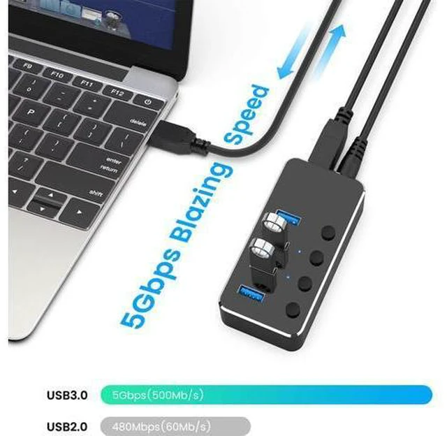 Alt view image 4 of 7 - Powered USB Hub, 4 Port USB 3.0 Hub Splitter, Portable Aluminum USB Data Hub Expander with Individual On/Off Switch and Universal 5V AC Power Adapter, 3.3ft USB 3.0 Cable (Black