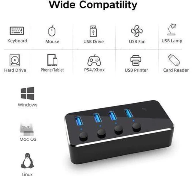 Alt view image 5 of 7 - Powered USB Hub, 4 Port USB 3.0 Hub Splitter, Portable Aluminum USB Data Hub Expander with Individual On/Off Switch and Universal 5V AC Power Adapter, 3.3ft USB 3.0 Cable (Black
