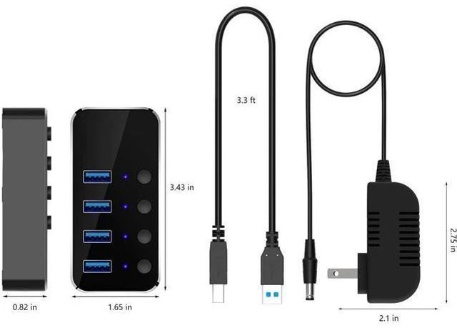 Alt view image 6 of 7 - Powered USB Hub, 4 Port USB 3.0 Hub Splitter, Portable Aluminum USB Data Hub Expander with Individual On/Off Switch and Universal 5V AC Power Adapter, 3.3ft USB 3.0 Cable (Black