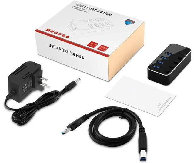 Alt view image 7 of 7 - Powered USB Hub, 4 Port USB 3.0 Hub Splitter, Portable Aluminum USB Data Hub Expander with Individual On/Off Switch and Universal 5V AC Power Adapter, 3.3ft USB 3.0 Cable (Black