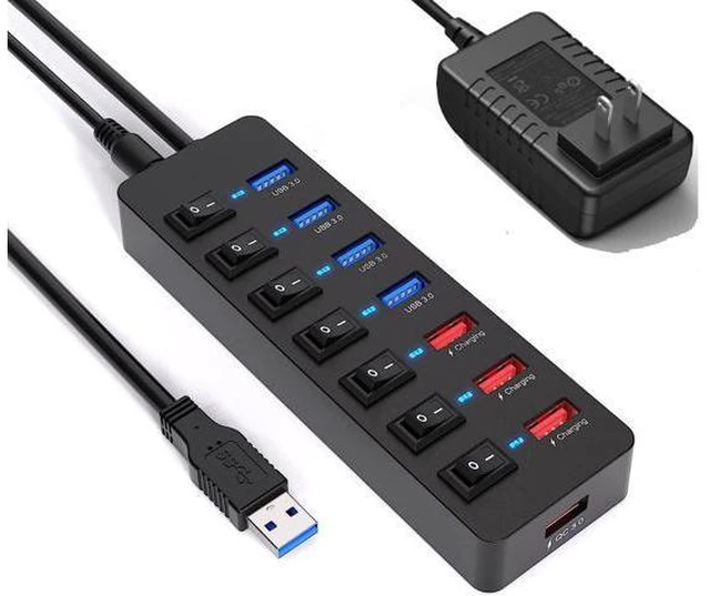 Main image of Powered USB 3.0 Hub 36W, AUTYUE 8-Port USB Hub (4 USB 3.0 Data Ports + 4 USB 3.0 Smart Charging Ports), USB Splitter with Individual On/Off Switches and 12V/3A Power Adapter for Mac, Windows, Chrome
