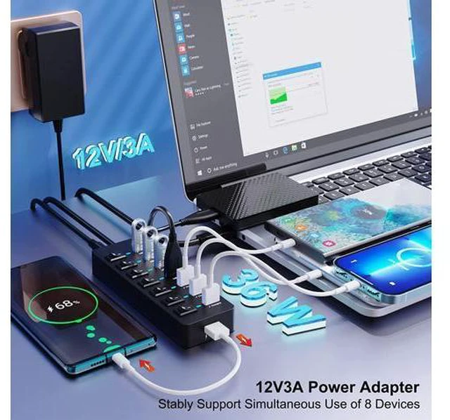 Alt view image 2 of 7 - Powered USB 3.0 Hub 36W, AUTYUE 8-Port USB Hub (4 USB 3.0 Data Ports + 4 USB 3.0 Smart Charging Ports), USB Splitter with Individual On/Off Switches and 12V/3A Power Adapter for Mac, Windows, Chrome