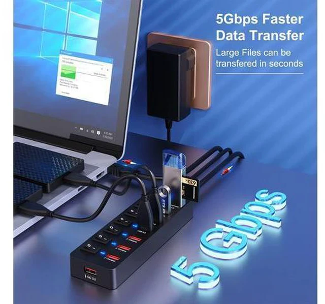 Alt view image 4 of 7 - Powered USB 3.0 Hub 36W, AUTYUE 8-Port USB Hub (4 USB 3.0 Data Ports + 4 USB 3.0 Smart Charging Ports), USB Splitter with Individual On/Off Switches and 12V/3A Power Adapter for Mac, Windows, Chrome
