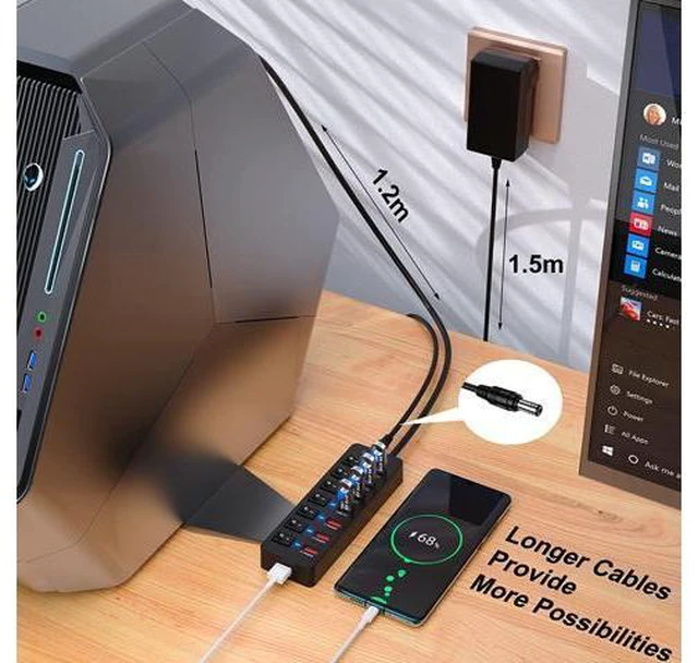 Alt view image 5 of 7 - Powered USB 3.0 Hub 36W, AUTYUE 8-Port USB Hub (4 USB 3.0 Data Ports + 4 USB 3.0 Smart Charging Ports), USB Splitter with Individual On/Off Switches and 12V/3A Power Adapter for Mac, Windows, Chrome