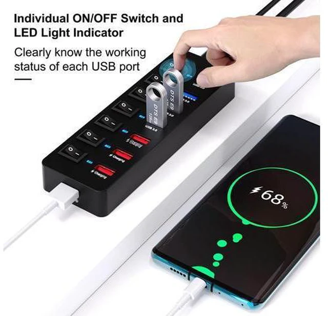 Alt view image 6 of 7 - Powered USB 3.0 Hub 36W, AUTYUE 8-Port USB Hub (4 USB 3.0 Data Ports + 4 USB 3.0 Smart Charging Ports), USB Splitter with Individual On/Off Switches and 12V/3A Power Adapter for Mac, Windows, Chrome