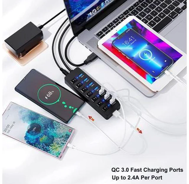Alt view image 3 of 7 - Powered USB 3.0 Hub 36W, AUTYUE 8-Port USB Hub (4 USB 3.0 Data Ports + 4 USB 3.0 Smart Charging Ports), USB Splitter with Individual On/Off Switches and 12V/3A Power Adapter for Mac, Windows, Chrome
