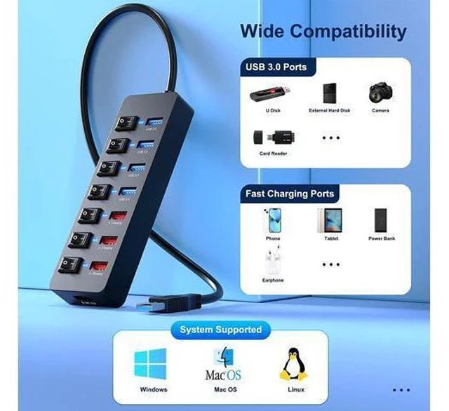 Alt view image 7 of 7 - Powered USB 3.0 Hub 36W, AUTYUE 8-Port USB Hub (4 USB 3.0 Data Ports + 4 USB 3.0 Smart Charging Ports), USB Splitter with Individual On/Off Switches and 12V/3A Power Adapter for Mac, Windows, Chrome