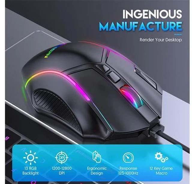 Alt view image 5 of 7 - Gaming Mouse USB Wired Programmable PC Mice - 12800 DPI High Precision, 12 Macro Buttons, 13 RGB Backlit Modes, USB Optical Ergonomic Mouse for Laptop Desktop Computer Game Office, Black
