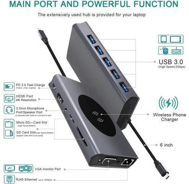 Alt view image 2 of 7 - USB C Hub Laptop Docking Station, Wireless Charger 13-in-1 USB C Adapter with Ethernet, Power Delivery Laptop with 4K HDMI Output, 1000M RJ45 Ethernet, 60W PD, VGA, 5 USB 3.0 Ports, SD/TF Card Reader