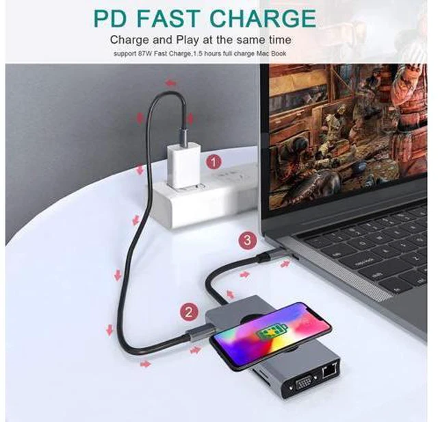 Alt view image 5 of 7 - USB C Hub Laptop Docking Station, Wireless Charger 13-in-1 USB C Adapter with Ethernet, Power Delivery Laptop with 4K HDMI Output, 1000M RJ45 Ethernet, 60W PD, VGA, 5 USB 3.0 Ports, SD/TF Card Reader