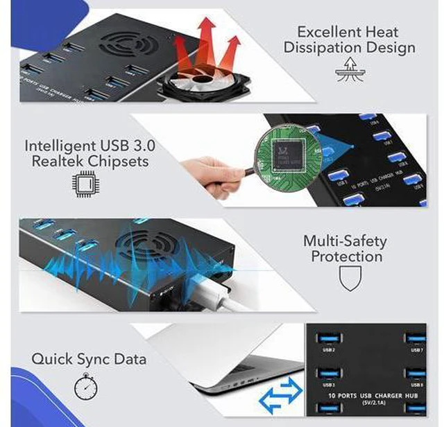 Alt view image 6 of 7 - Premium Design USB 3.0 Hub - Multi-Safety Protection 10-Port Powered USB Hub 3.0 with AC Adapter - USB Spllitter with Cooling Fan and Mounting Brackets - Aluminum - Hub for Multiple Devices