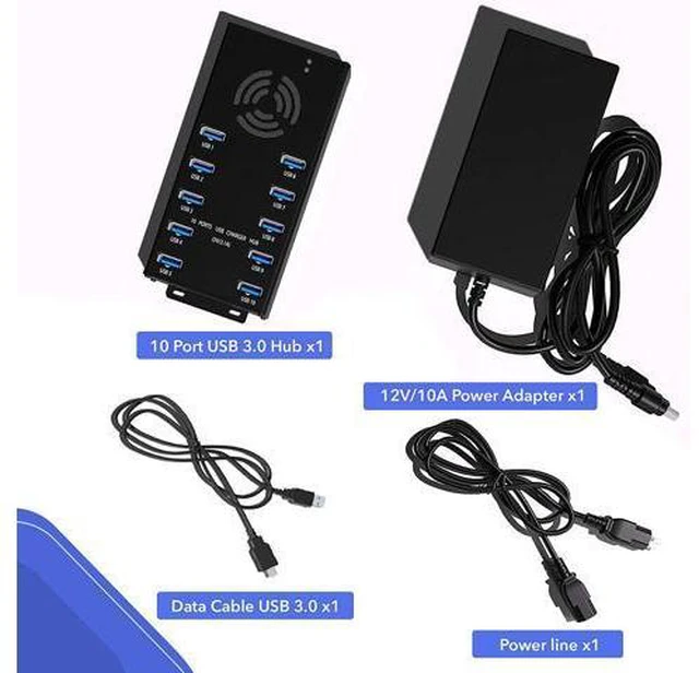 Alt view image 7 of 7 - Premium Design USB 3.0 Hub - Multi-Safety Protection 10-Port Powered USB Hub 3.0 with AC Adapter - USB Spllitter with Cooling Fan and Mounting Brackets - Aluminum - Hub for Multiple Devices