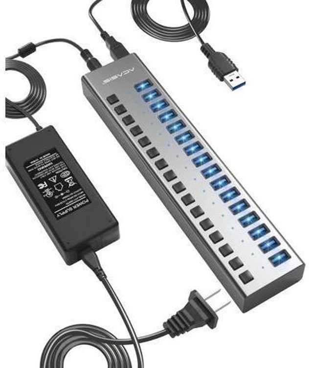 Main image of USB 3.0 Hub Super Speed Splitter,16 Ports USB Data Hub with Power Adapter,Individual On/Off Switches and Lights for Laptop, PC, Computer, Mobile HDD, Flash Dr Each Port can Charge Grey