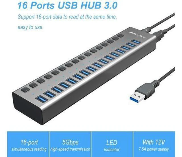 Alt view image 2 of 7 - USB 3.0 Hub Super Speed Splitter,16 Ports USB Data Hub with Power Adapter,Individual On/Off Switches and Lights for Laptop, PC, Computer, Mobile HDD, Flash Dr Each Port can Charge Grey