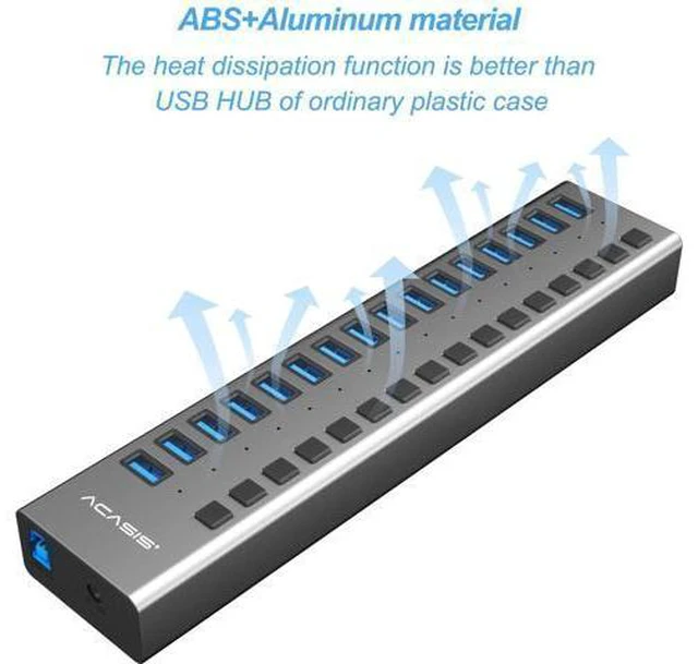 Alt view image 4 of 7 - USB 3.0 Hub Super Speed Splitter,16 Ports USB Data Hub with Power Adapter,Individual On/Off Switches and Lights for Laptop, PC, Computer, Mobile HDD, Flash Dr Each Port can Charge Grey