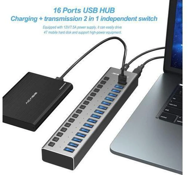 Alt view image 6 of 7 - USB 3.0 Hub Super Speed Splitter,16 Ports USB Data Hub with Power Adapter,Individual On/Off Switches and Lights for Laptop, PC, Computer, Mobile HDD, Flash Dr Each Port can Charge Grey