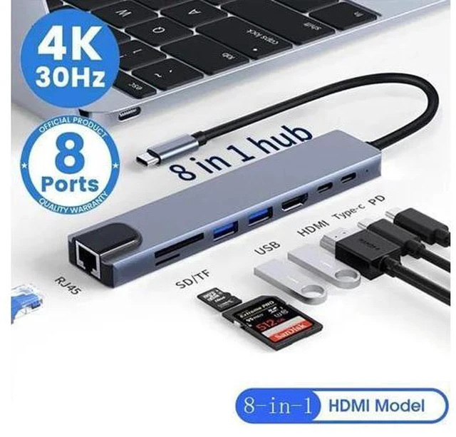Main image of AUBEAMTO 8 in 1 USB C Hub Adapter with 4K HDMI, 100W PD, USB C Port, USB3.0, USB2.0, Ethernet, SD/TF Card Reader, Docking Station Compatible with MacBook Pro/Air USB C Laptops and Other Type C Devices
