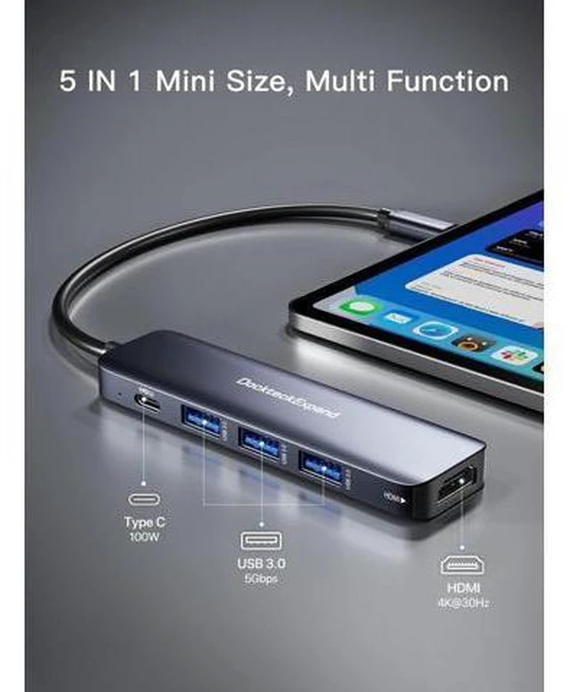 Alt view image 2 of 7 - AUBEAMTO USB C Hub to HDMI Multiport Adapter, 5-in-1 USB C Hub with 4K HDMI, 3*USB 3.0, 100W PD Ports for MacBook Pro, iMac, PS5, Chromebook, iPhone 15 Pro, XPS, etc