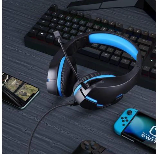 Alt view image 6 of 6 - PS4 Gaming Headset for Xbox One, PS5, PC, Over Ear Headphones with Noise-Cancelling Mic, J10 Wired Gaming Headset with Stereo Surround Sound, LED Light, Comfort Earmuff - Blue