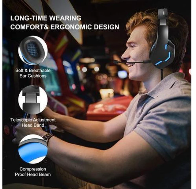 Alt view image 5 of 6 - PS4 Gaming Headset for Xbox One, PS5, PC, Over Ear Headphones with Noise-Cancelling Mic, J10 Wired Gaming Headset with Stereo Surround Sound, LED Light, Comfort Earmuff - Blue