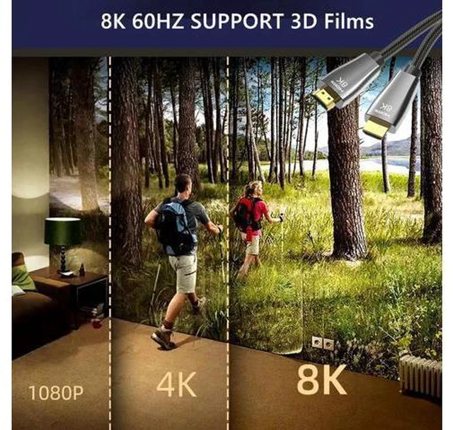 Alt view image 4 of 7 - 8K HDMI Cable 2.1 10FT, AUBEAMTO Slim 48Gbps High Speed HDMI Braided Cord-4K@120Hz 144Hz 8K@60Hz, HDCP 2.2&2.3, Dynamic HDR,eARC,DTS:X,RTX 3090,Dolby Compatible with Roku TV/HDTV/PS5/Blu-ray 10 ft.