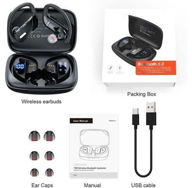 Alt view image 7 of 7 - True Wireless Earbuds, Bluetooth 5.1 Headphones 48H Playtime Sport Earphones with LED Display, Over-Ear Buds Built in Mic in Ear Earphones Waterproof Headset for Workout Running Gaming