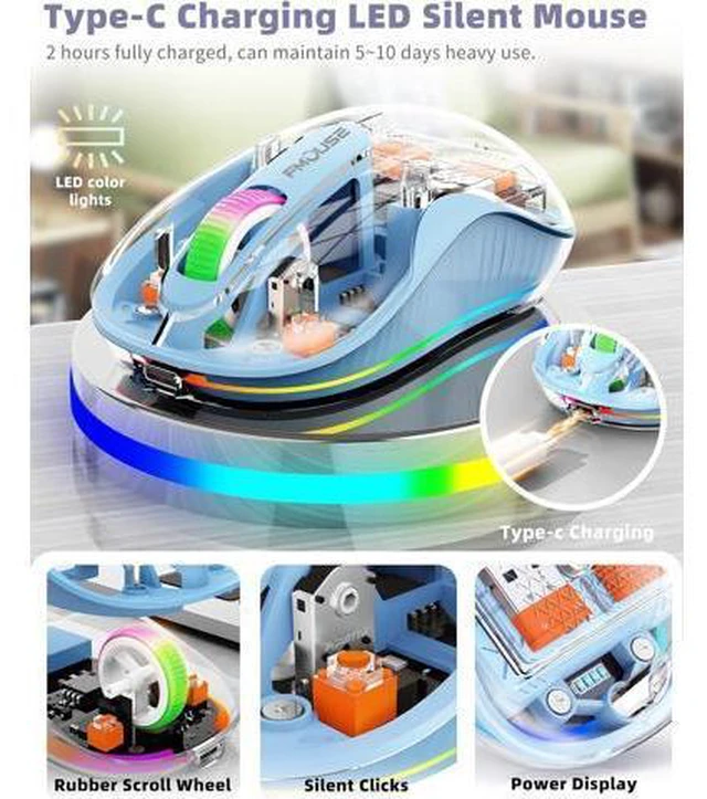 Alt view image 2 of 7 - Bluetooth Wireless Mouse, Computer Mouse for Laptop/Desktop PC, Silent Mouse with RGB Lights, 5.1 Bluetooth Mouse, Dual Bluetooth + USB & Type-C 2.4G 2400 DPI, Transparent Mouse for Home Office Blue