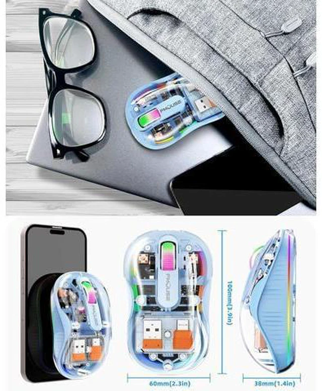 Alt view image 7 of 7 - Bluetooth Wireless Mouse, Computer Mouse for Laptop/Desktop PC, Silent Mouse with RGB Lights, 5.1 Bluetooth Mouse, Dual Bluetooth + USB & Type-C 2.4G 2400 DPI, Transparent Mouse for Home Office Blue