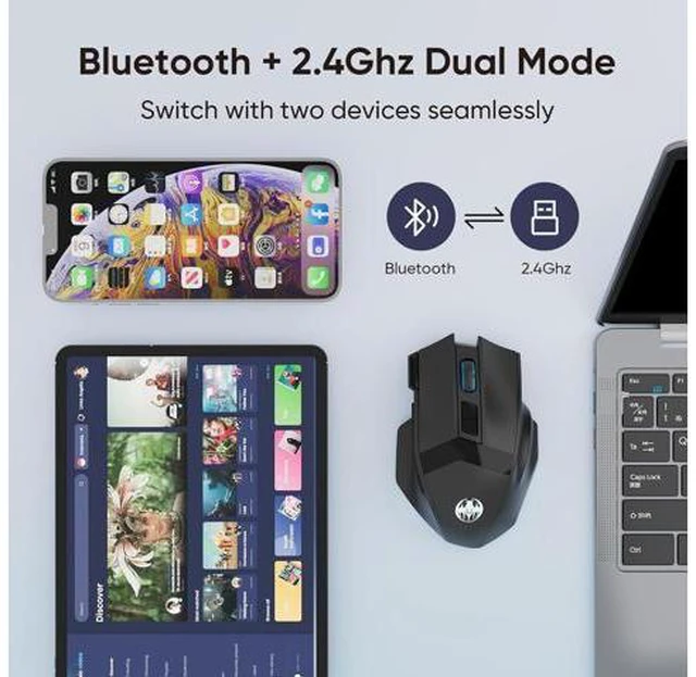 Alt view image 2 of 7 - IHDAPP Wireless Gaming Mouse, Dual-Mode 2.4G/Bluetooth Wireless Mouse, Rechargeable PC Gaming Mice with Fire Button, 4-Level DPI up to 4800dpi, Noiseless Click, 10 Buttons for PC, Mac, Laptop, Tablet