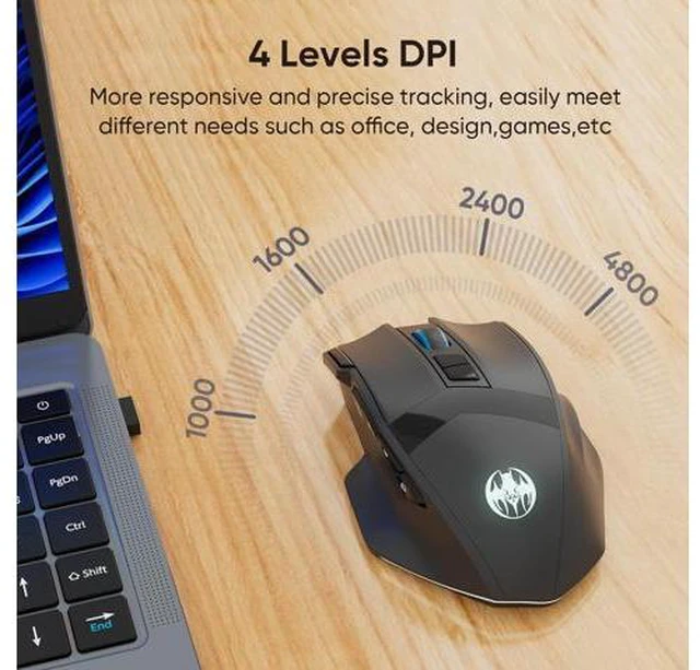 Alt view image 3 of 7 - IHDAPP Wireless Gaming Mouse, Dual-Mode 2.4G/Bluetooth Wireless Mouse, Rechargeable PC Gaming Mice with Fire Button, 4-Level DPI up to 4800dpi, Noiseless Click, 10 Buttons for PC, Mac, Laptop, Tablet