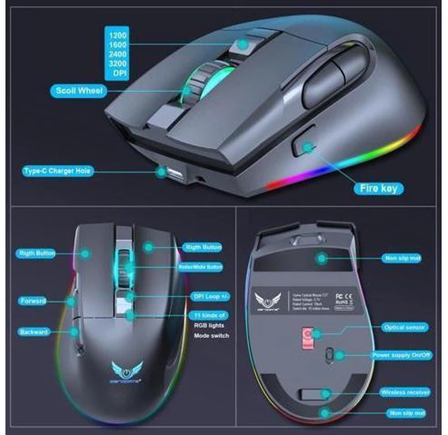 Alt view image 5 of 7 - Gaming Mouse Wireless, RGB Gaming Mice with 3200 DPI Adjustable, Computer Gamer Mouse Ergonomic Optical, 7 Buttons, Type C Fast-Charging, 10 Millons buttons life, RGB Gamer Desk Laptop PC Gaming Mouse
