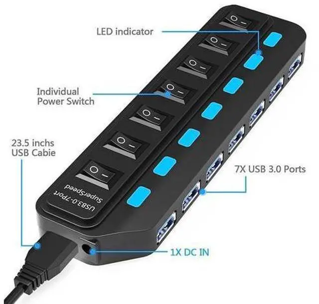 Alt view image 4 of 7 - 7 Ports USB 3.0 HUB USB Splitter With Power Adapter For Desktop Pc Laptop Computer Accessories USB 3 Hab