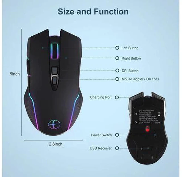 Alt view image 5 of 7 - LED Wireless Mouse, Mouse Jiggler for Laptop - Wireless Mouse Rechargeable Computer Mice Mouse Mover Undetectable Random Movement with On/Off Button Keeps Computer Awake