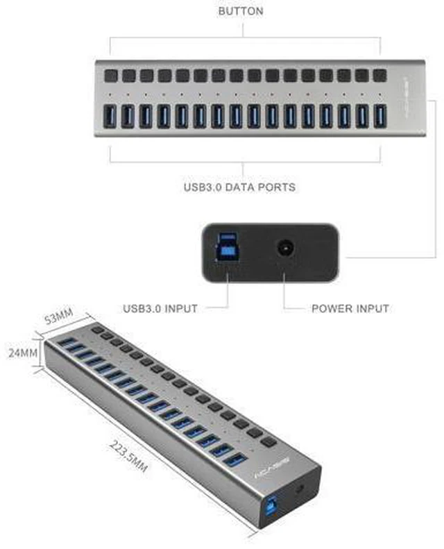 Alt view image 7 of 7 - ACASIS USB 3.0 Hub Super Speed Splitter,16 Ports USB Data Hub with Power Adapter,Individual On/Off Switches and Lights for Laptop, PC, Computer, Mobile HDD, Flash Dr Each Port can Charge Grey