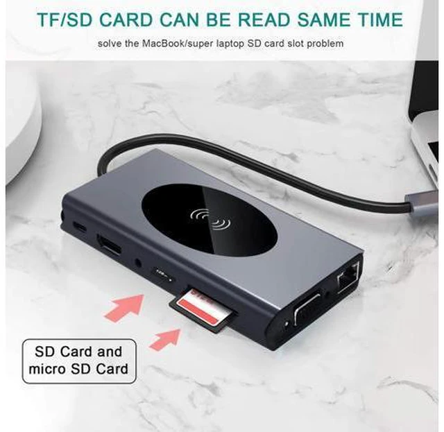 Alt view image 7 of 7 - USB C Hub Laptop Docking Station, Wireless Charger 13-in-1 USB C Adapter with Ethernet, Power Delivery Laptop with 4K HDMI Output, 1000M RJ45 Ethernet, 60W PD, VGA, 5 USB 3.0 Ports, SD/TF Card Reader