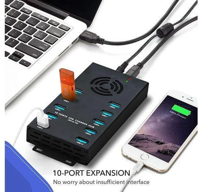 Alt view image 3 of 7 - Premium Design USB 3.0 Hub - Multi-Safety Protection 10-Port Powered USB Hub 3.0 with AC Adapter - USB Spllitter with Cooling Fan and Mounting Brackets - Aluminum - Hub for Multiple Devices