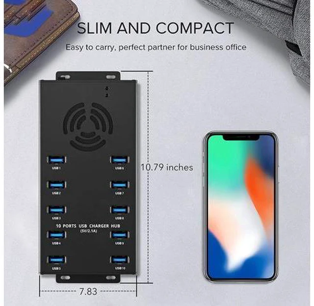 Alt view image 4 of 7 - Premium Design USB 3.0 Hub - Multi-Safety Protection 10-Port Powered USB Hub 3.0 with AC Adapter - USB Spllitter with Cooling Fan and Mounting Brackets - Aluminum - Hub for Multiple Devices