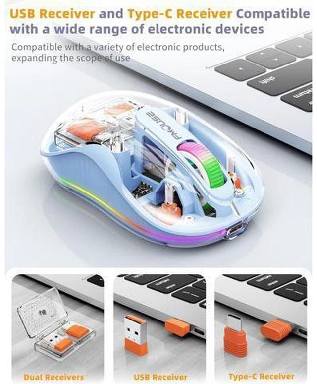 Alt view image 3 of 7 - Bluetooth Wireless Mouse, Computer Mouse for Laptop/Desktop PC, Silent Mouse with RGB Lights, 5.1 Bluetooth Mouse, Dual Bluetooth + USB & Type-C 2.4G 2400 DPI, Transparent Mouse for Home Office Blue