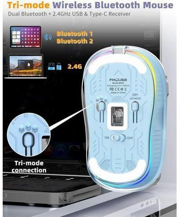 Alt view image 5 of 7 - Bluetooth Wireless Mouse, Computer Mouse for Laptop/Desktop PC, Silent Mouse with RGB Lights, 5.1 Bluetooth Mouse, Dual Bluetooth + USB & Type-C 2.4G 2400 DPI, Transparent Mouse for Home Office Blue