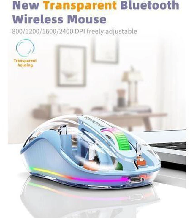 Alt view image 6 of 7 - Bluetooth Wireless Mouse, Computer Mouse for Laptop/Desktop PC, Silent Mouse with RGB Lights, 5.1 Bluetooth Mouse, Dual Bluetooth + USB & Type-C 2.4G 2400 DPI, Transparent Mouse for Home Office Blue
